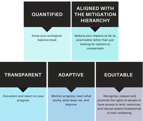 Figure showing the fundamental principles of nature positive. Quantified, aligned with the mitigation hierarchy, transparent, adaptive and equitable