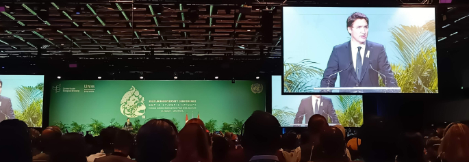 Justin Trudeau speaking on stage at COP15